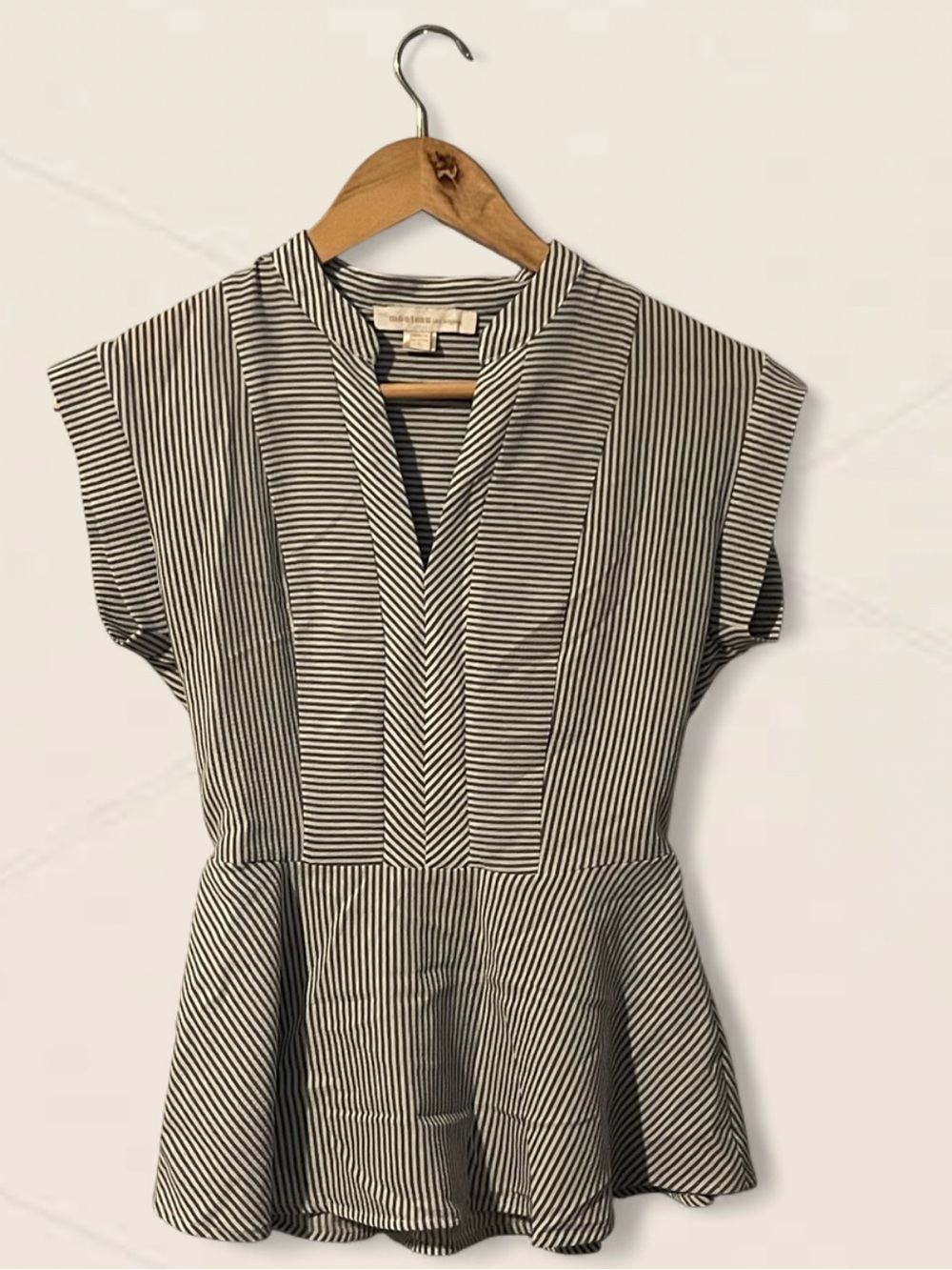 Montauk white and black vertical striped blouse with peplum hem, size S